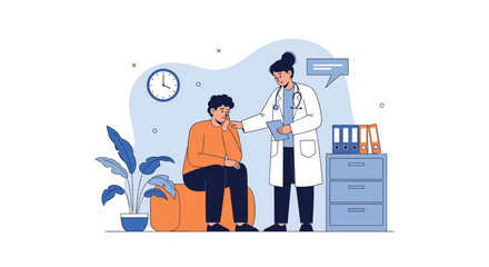 A compassionate female doctor provides comfort and support to a distressed male patient during a medical consultation in her office.