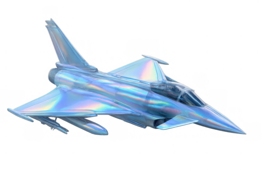 Futuristic fighter jet showcasing holographic iridescent surface flying fast, advanced combat aircraft technology, transparent background