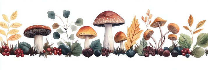 Watercolor illustration of various mushrooms surrounded by autumn leaves, berries, and foliage in warm earthy tones conveying a natural woodland scene