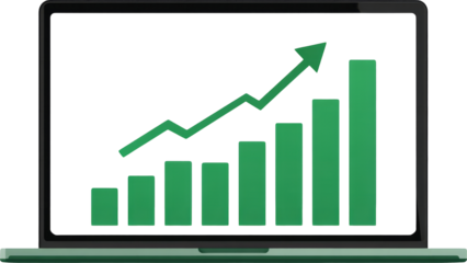 Growth chart, green bars, upward arrow, laptop, business success