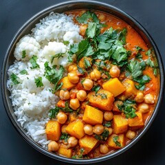 Close-up of a bowl with white rice and cauliflower alongside a chickpea and pumpkin curry garnished with fresh cilantro