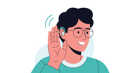 A smiling person with glasses and a hearing aid cups their hand to their ear, actively listening to sound waves.