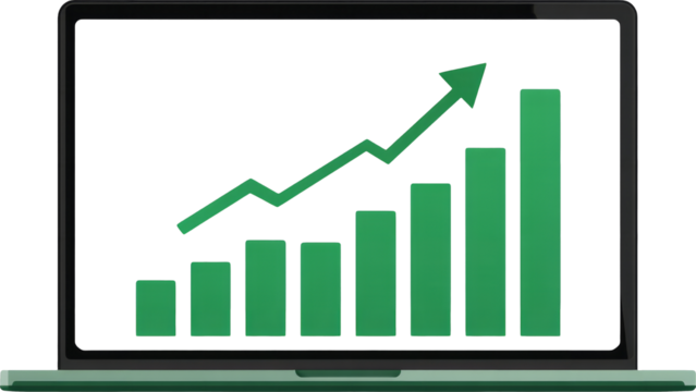 Growth chart, green bars, upward arrow, laptop, business success