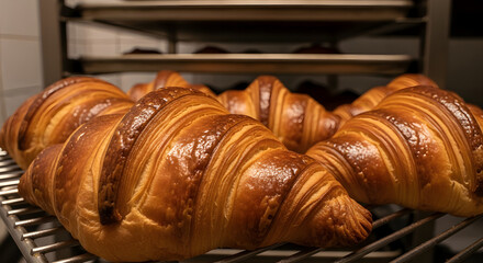 Golden Baked Croissants Displayed Freshly on Cooling Rack at a Bakery, Ready to be Enjoyed