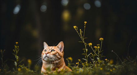 Golden tabby cat gazing upwards surrounded by wildflowers in a serene outdoor setting