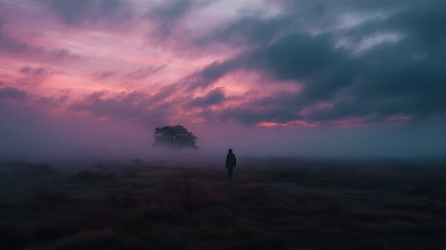 A solitary figure walks through a misty field towards a lone tree under a dramatic sky painted with hues of pink and purple at dawn