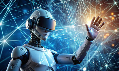 A robot wearing a VR headset controls virtual reality