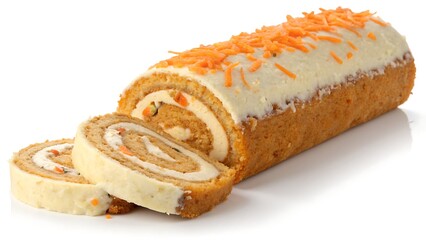 Delicious carrot cake roll filled with creamy cheese frosting, isolated on white background, perfect for bakery or dessert promotion.