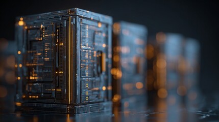 Cubes with detailed circuit-like panels & glowing accents, blurred background. Futuristic tech with sharp edges and intricate designs