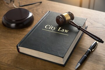 A black hardcover book of City Law with a wooden gavel on it