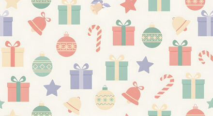 Pastel Christmas Pattern with Gifts, Bells, and Ornaments