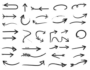 Assortment of hand-drawn arrows in black ink, various shapes pointing in different directions
