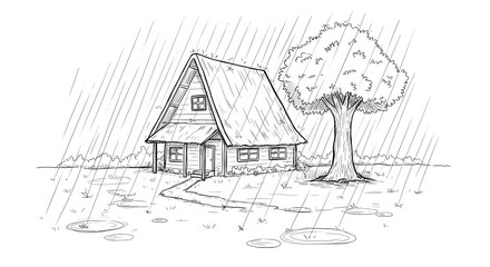 Obraz premium Hand-Drawn Rainy Day Scene with Rustic Cottage and Puddle