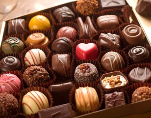 Assortment of handcrafted chocolates in a brown box, a sweet treat with various textures