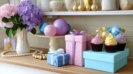 Beautiful Arrangement of Gifts, Cupcakes, and Flowers for Celebratory Occasions