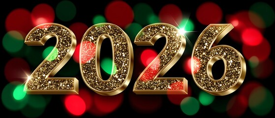 Shiny Gold 2026 New Year Celebration Number with Festive Holiday Background