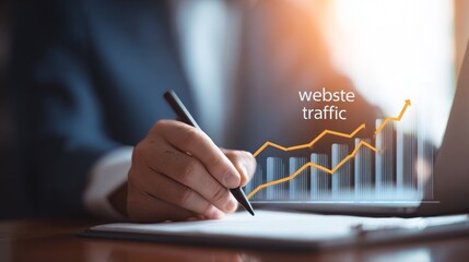 A person in a suit analyzes website traffic data, drawing on a chart with a rising trend, overlaid on a laptop