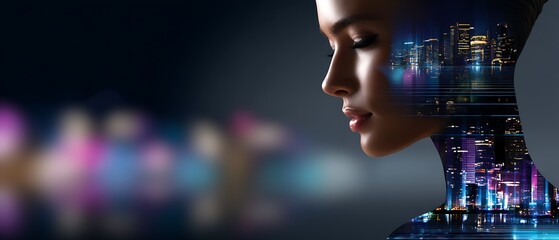 Creative Double Exposure Portrait of Woman with City Lights and Night Sky Background