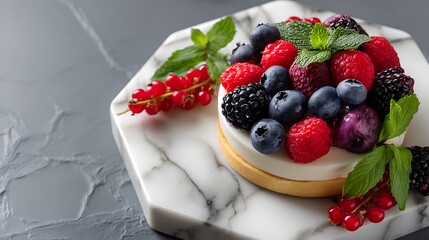 Fresh Berry Tart with Textured Marble Background and Mint Garnish