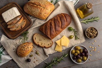 A flat lay of assorted bread types with cheese and olives