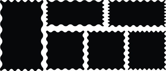 postage stamps set. Black post stamp frames and borders. Rectangle, square template for mail, postcard, letter, note. Vector zigzag objects for badge, sticker, photo, frame. Vector illustration set