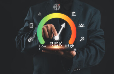 Risk assessment and management performance indicator gauge. Risk level gauge from low to high, performance evaluation, analysis, strategic planning, and decision making process for business continuity