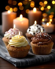 Colorful Cupcakes with Sprinkles and Cream Frosting Surrounded by Soft Candlelight