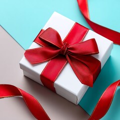 Elegant white gift box with red ribbon on pastel blue and beige background