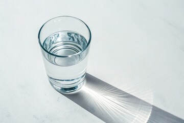 A glass of water placed on a white surface with shadow