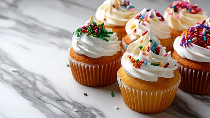 Colorful Cupcakes with Whipped Cream and Sprinkles on Marble Background