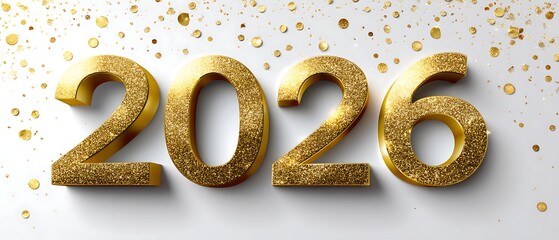 Bright Golden 2026 Numbers with Shimmering Confetti on a White Background