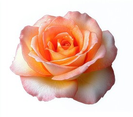 Close-up of a delicate peach and light pink rose in full bloom isolated on white background showing soft, layered petals with gentle curves and a fresh appearance