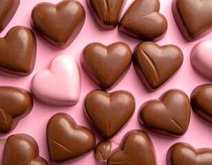 Assortment of heart-shaped chocolates in pink and brown hues, arranged on a pink surface