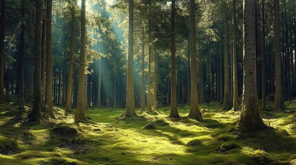 Sunlight streaming through tall pine trees onto a moss-covered forest floor, creating a peaceful and serene woodland scene