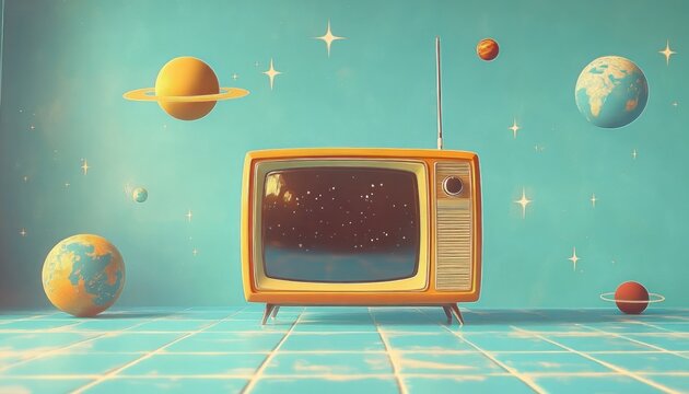 Retro television set displaying a starry night sky surrounded by floating colorful planets and stars, evoking a surreal cosmic atmosphere