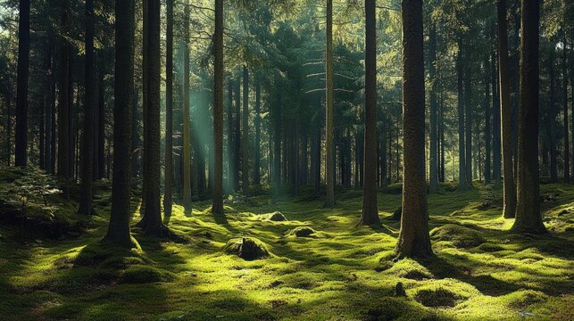 Sunlight filtering through tall pine trees onto a dense green moss-covered forest floor creating a serene and peaceful atmosphere