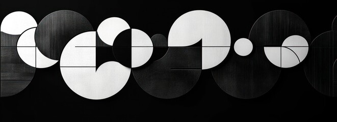 Abstract modern art installation featuring overlapping black and white circular shapes with geometric patterns on a dark background