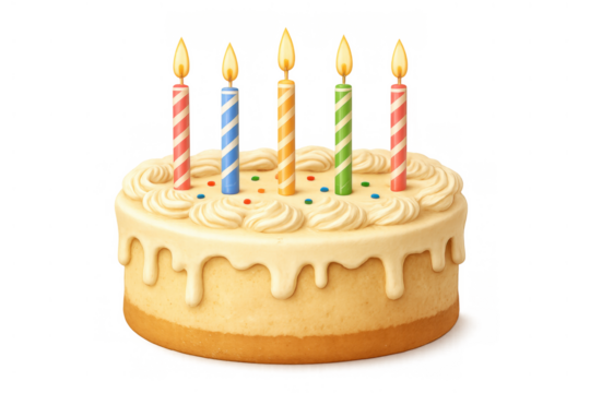 Birthday cake with five lit multi-colored candles, celebrating a joyous party or anniversary event
