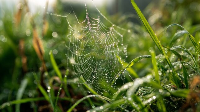 Close-up of dew-covered spiderweb in sunlit grass, showcasing intricate design and natural textures, with bokeh effect
