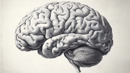 Detailed monochrome illustration of a human brain showing cerebral cortex and cerebellum in side view