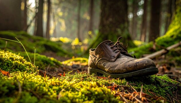 A solitary worn shoe lies amongst green moss in a sunlit forest scene - Powered by Adobe