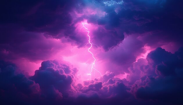 Vibrant purple lightning bolt striking through dramatic dark storm clouds illuminating the sky with intense electric energy