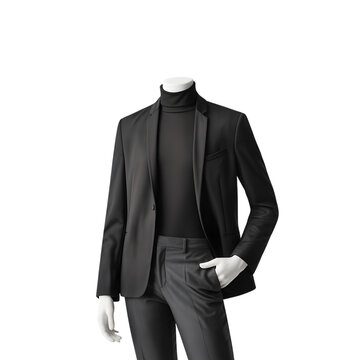 All-black men's outfit featuring a blazer and turtleneck on a headless mannequin, sleek and minimalist, isolated on transparent background