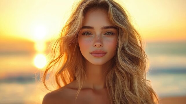 Close-up portrait of a young woman with long wavy blonde hair and green eyes standing at the beach during sunset with soft golden light and calm sea in the background - Powered by Adobe