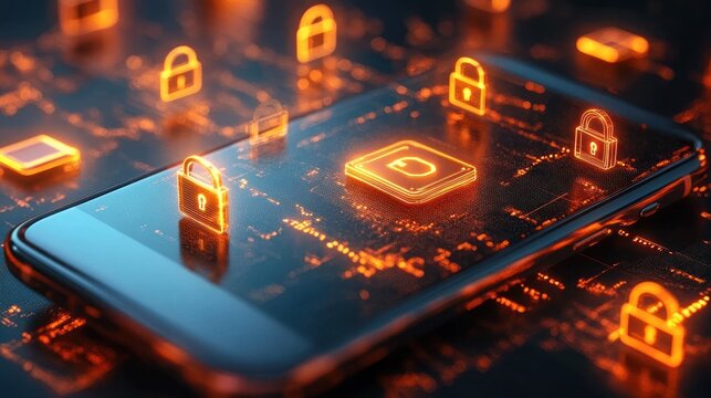 Smartphone surrounded by glowing orange digital locks and security chip symbols representing data protection and cybersecurity in a futuristic setting