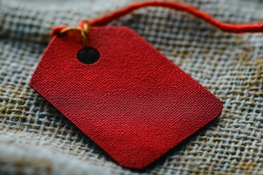 Close-up of a blank red textured fabric tag with a hanging string on a rough woven burlap background