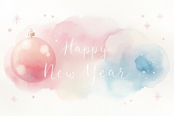 Hand Painted Watercolor Happy New Year Greeting with Winter Snowflakes and Light Texture