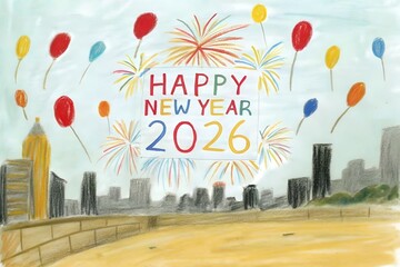 Creative Colorful Happy New Year 2026 Hand Drawn Illustration with Stars and Fireworks for Celebration Art