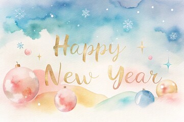 Watercolor Hand Drawn Happy New Year Composition with Festive Typography and Snowflake Accents