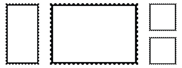 Postage stamp outline, vector icon. Empty stamps set. Postal shapes outline border. Blank frames for mail letter. Jagged wavy edge forms. Vintage objects for poster, banner, badge, sticker.